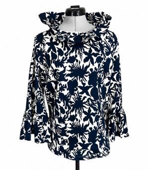 Elizabeth Wilson Navy & White Floral Ruffle Neck Blouse – Size XL